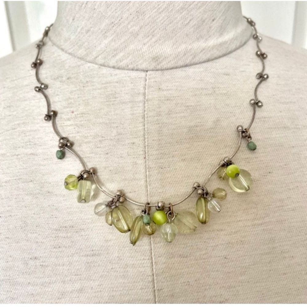 Silver tone green beaded necklace